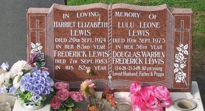 Headstone of Fred, Harriet, Lulu , and Douglas Lewis, Taruheru Cemetery, Gisborne