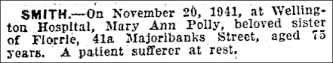 Death notice of Polly Smith, 1941