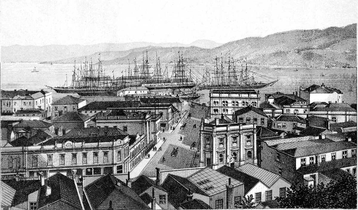 A view from an elevated position on The Terrace looking down Grey Street towards Queens Wharf with Oriental Bay in the background.