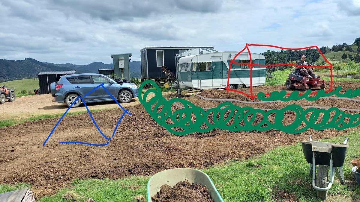 Plan for the soil mound - flat area for the new shed (red), flat area for camping and entertaining (blue), a path, and some planting.