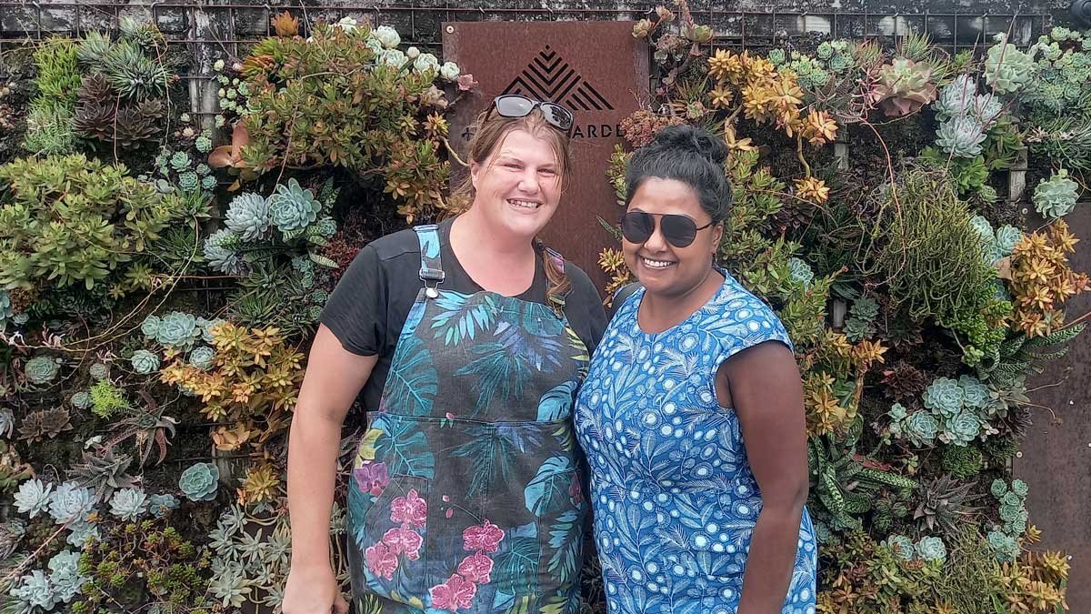 Saj and I outside Hone's Garden's epic succulent wall in Russell.