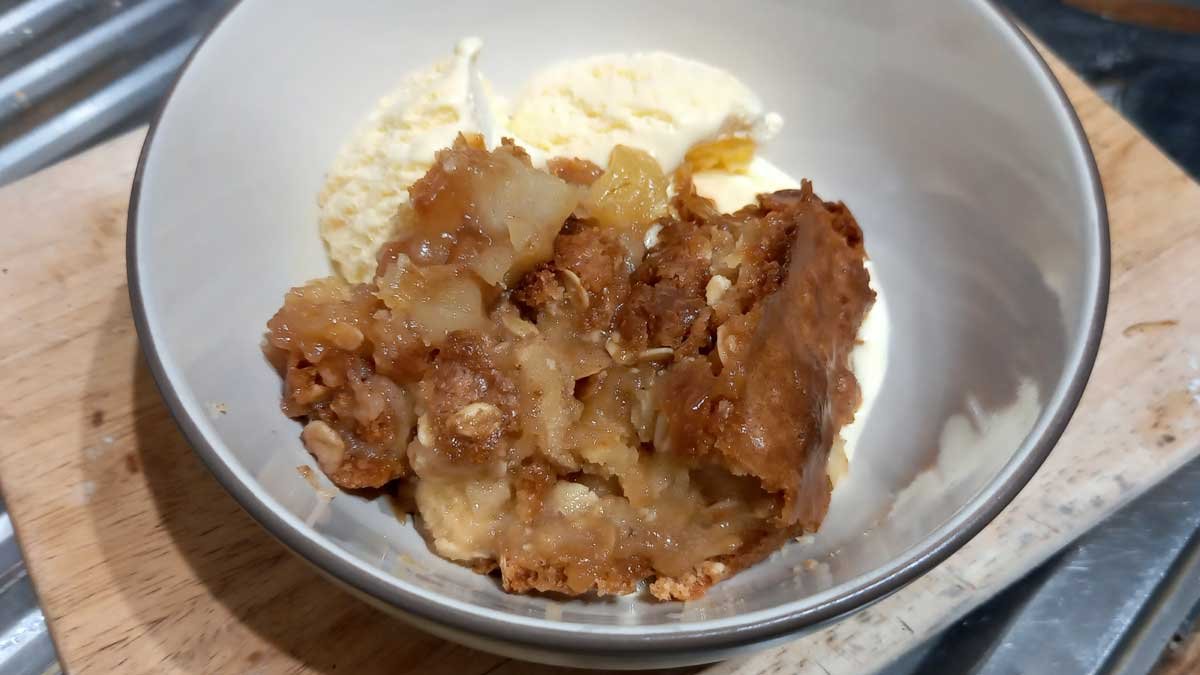 Apple crumble with French vanilla ice cream.