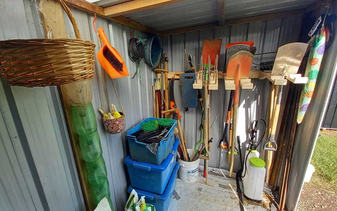A tidy and organised garden shed.