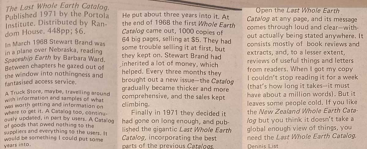 A review of The Last Whole Earth Catalog by Stewart Brand in the First New Zealand Whole Earth Catalogue, by Dennis List