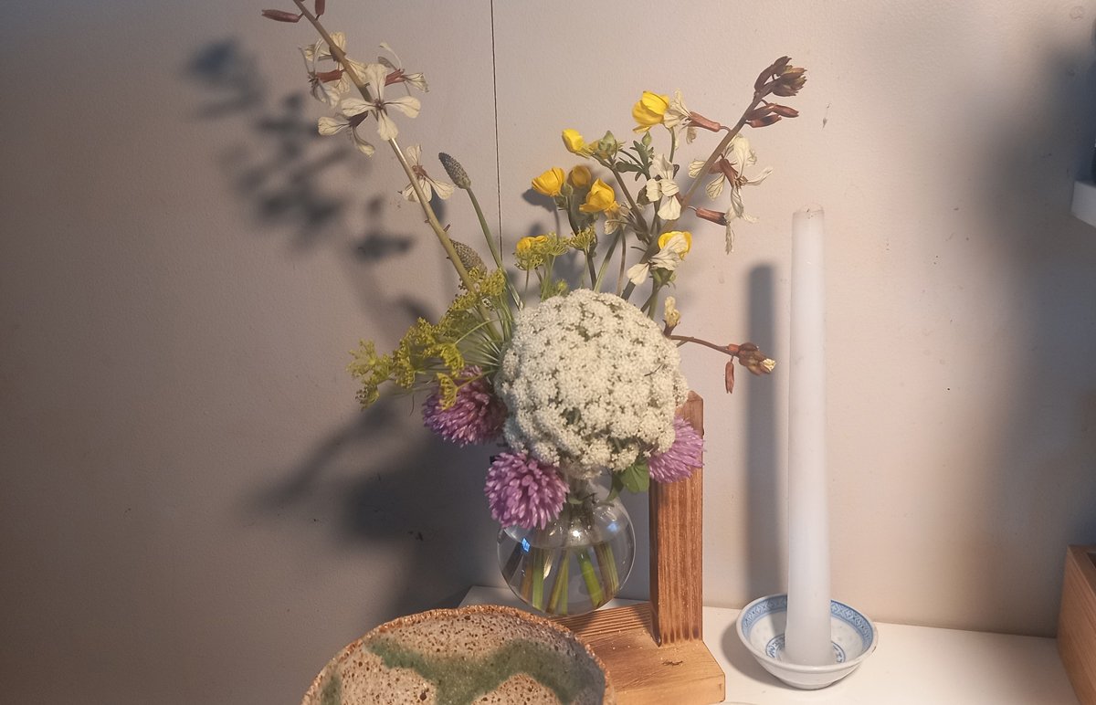 An arrangement of flowers including dill, carrot, rocket, buttercup, plantain, and red clover.