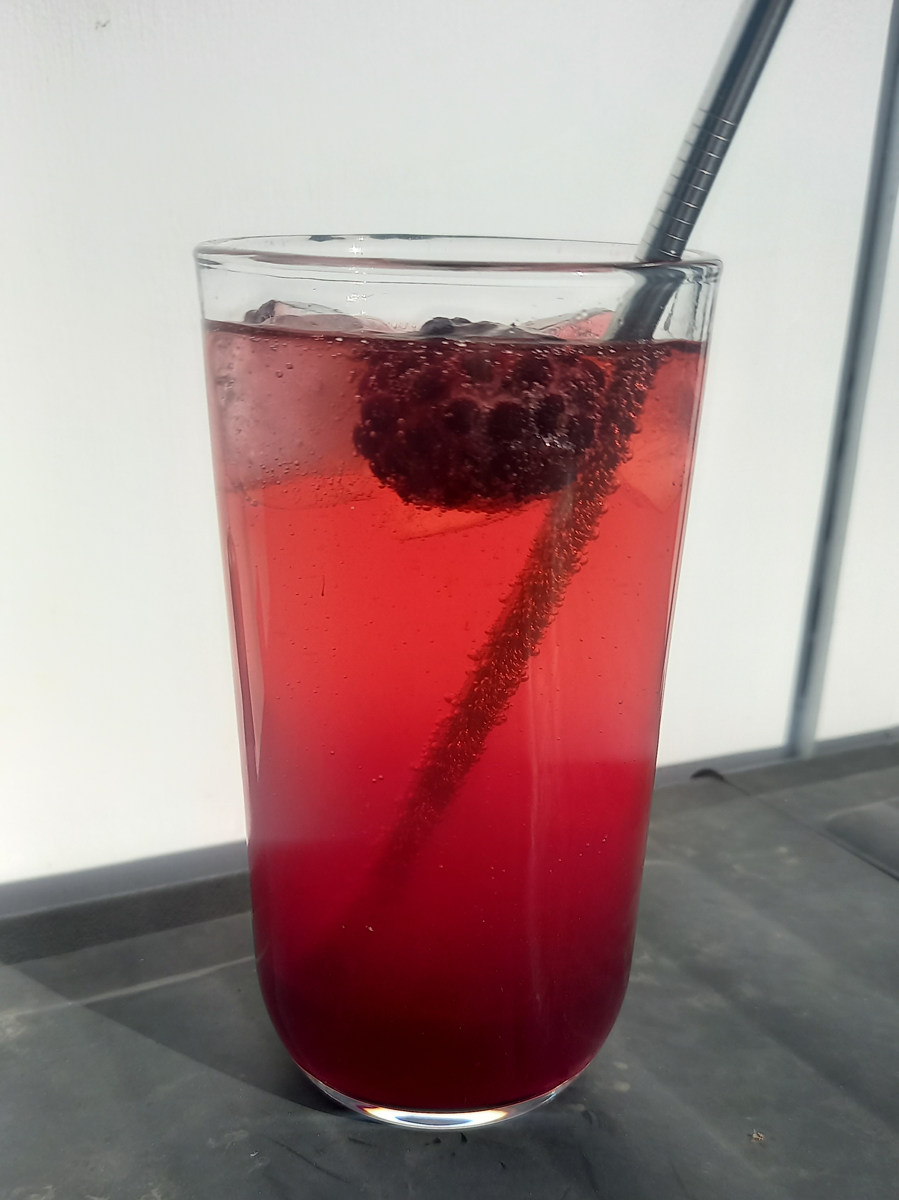 A glass of boysenberry soda.