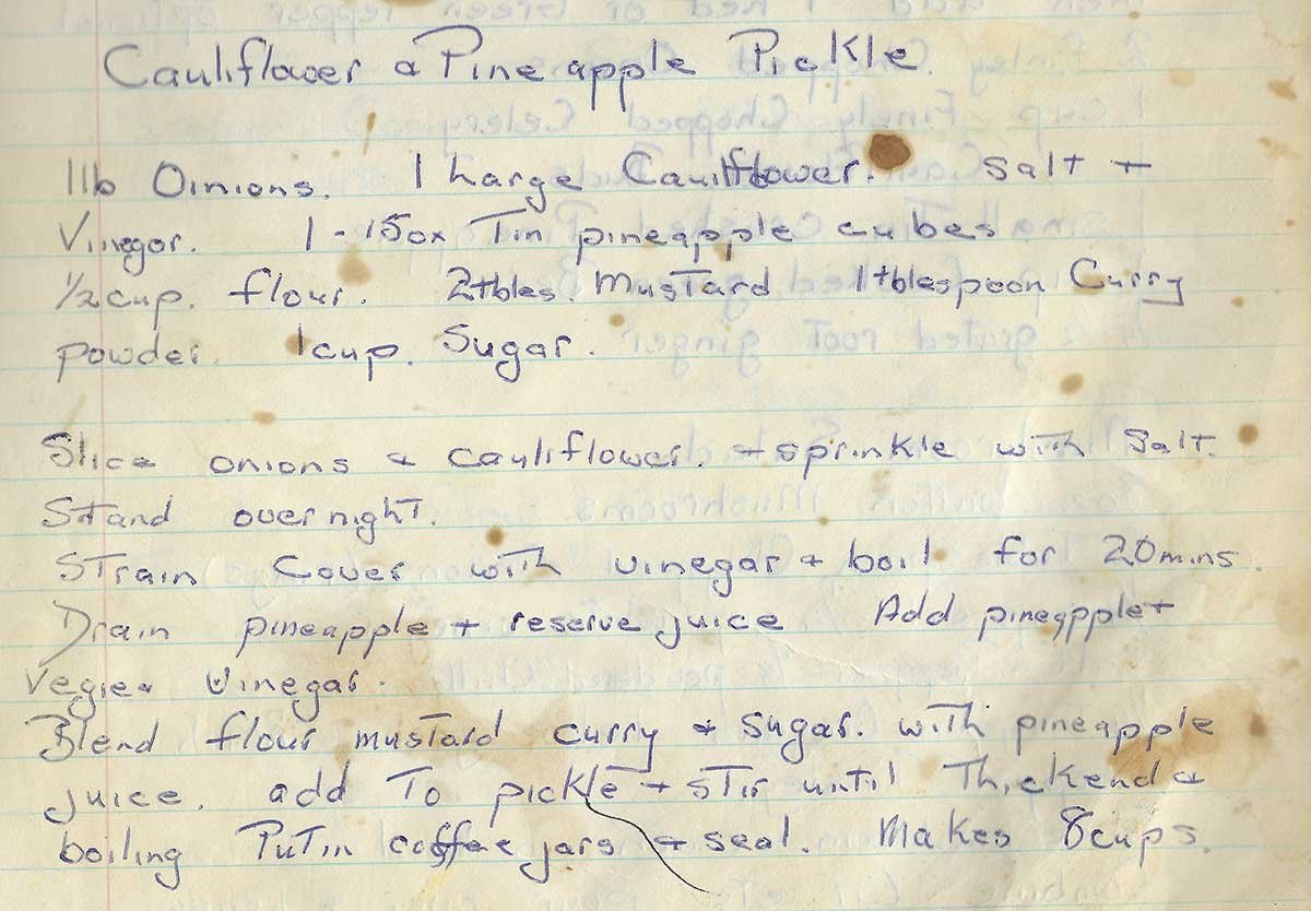 Gran's original recipe for cauliflower and pineapple pickle.