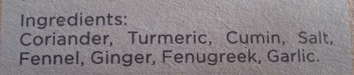 Ingredients list in Mrs Rogers Curry Powder - Coriander, turmeric, cumin, salt, fennel, ginger, fenugreek, garlic.