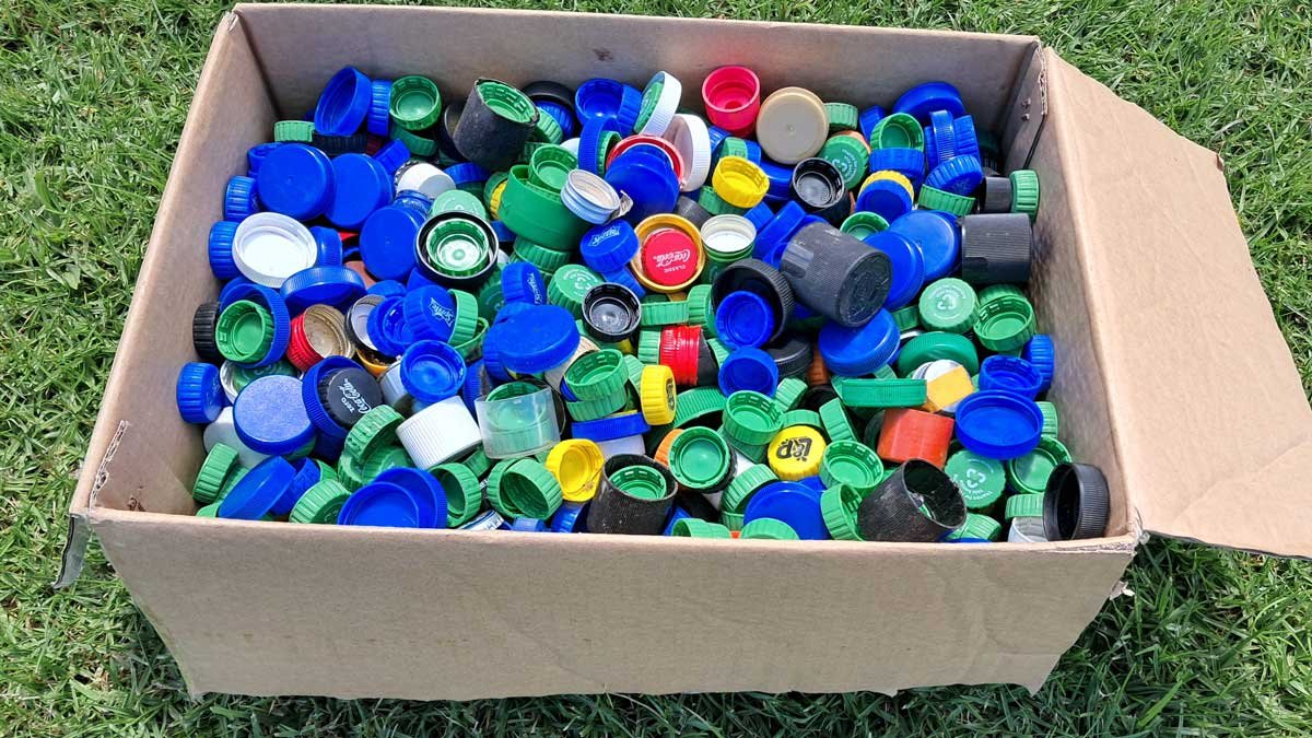 A box full of plastic bottle lids.