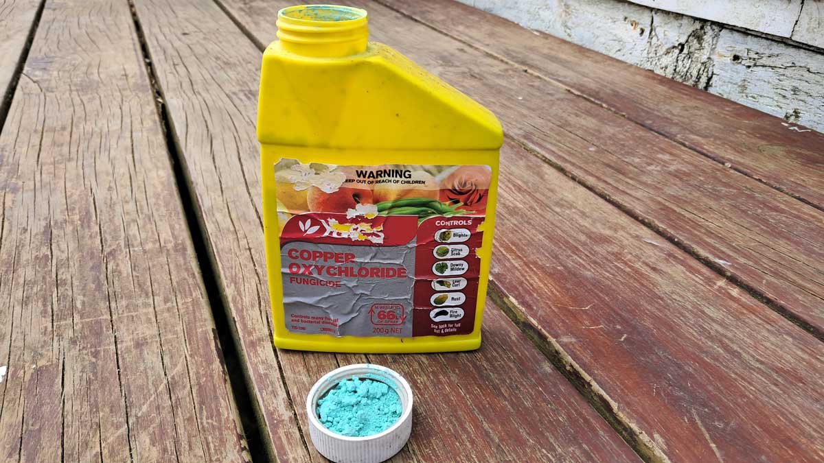 A pretty old and raggedy bottle of Yates Copper Oxychloride. A capful of blue powder sits in front of the bottle.