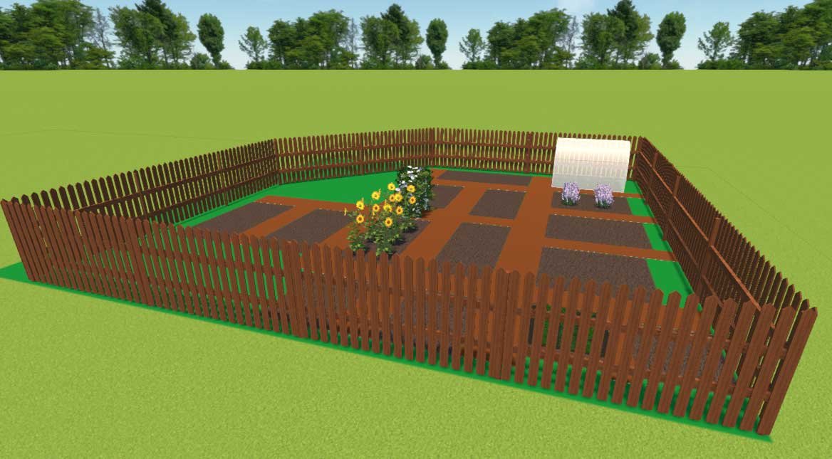 3D render of my garden with a big fence to keep the chickens out.