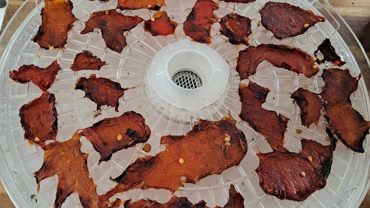 Paprika flesh in the dehydrator after dehydrating.