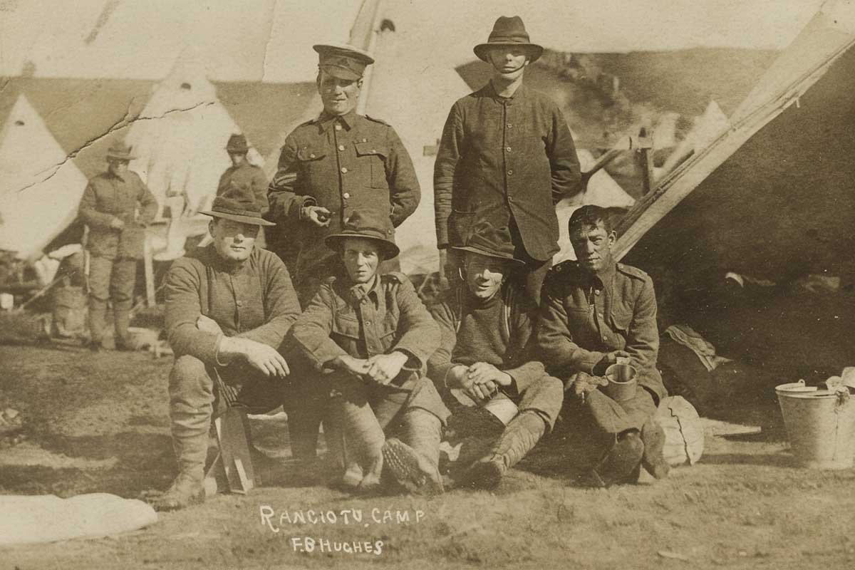 AI-restored photo of the group of soldiers at Rangiotu Camp.