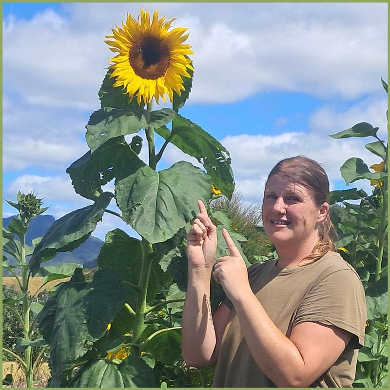 Kat Jenkins in Kat's Garden, pointing at a sunflower that's taller than she is.