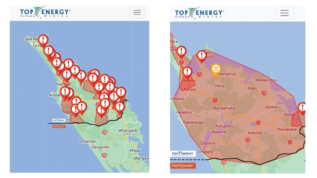 TOP Energy Outage screenshots from 2023 (Gabrielle) and 2024 (pylon maintenance).