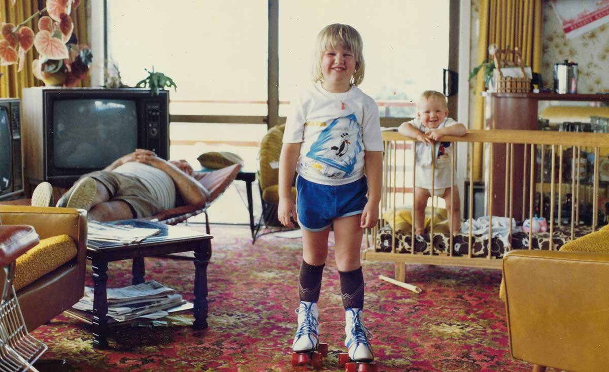 Kat Jenkins, Michael Jenkins, and Les Fulton inside the window house, circa late 1980s.