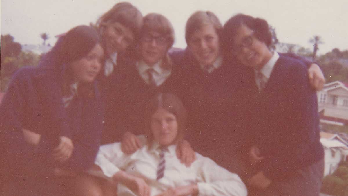 Marilyn Fulton (front) with friends at Napier Girls' High School.
