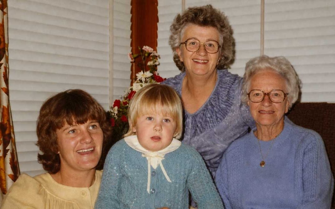 Marilyn Fulton, Kat Jenkins, Shirley Fulton, and Tot Retter, circa 1985. This photo has been AI-restored.