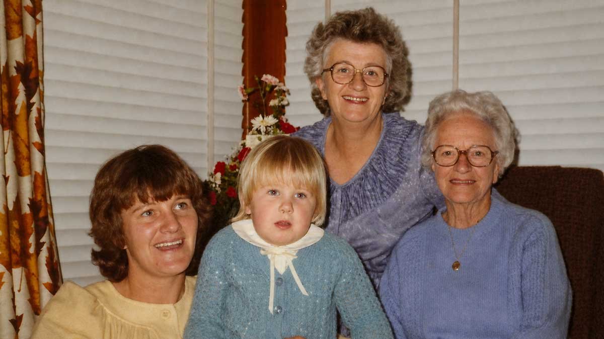 Marilyn Fulton, Kat Jenkins, Shirley Fulton, and Tot Retter, circa 1985. This photo has been AI-restored.