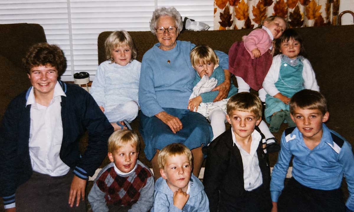 Tot Retter surrounded by all her living great grandchildren. Circa 1985.