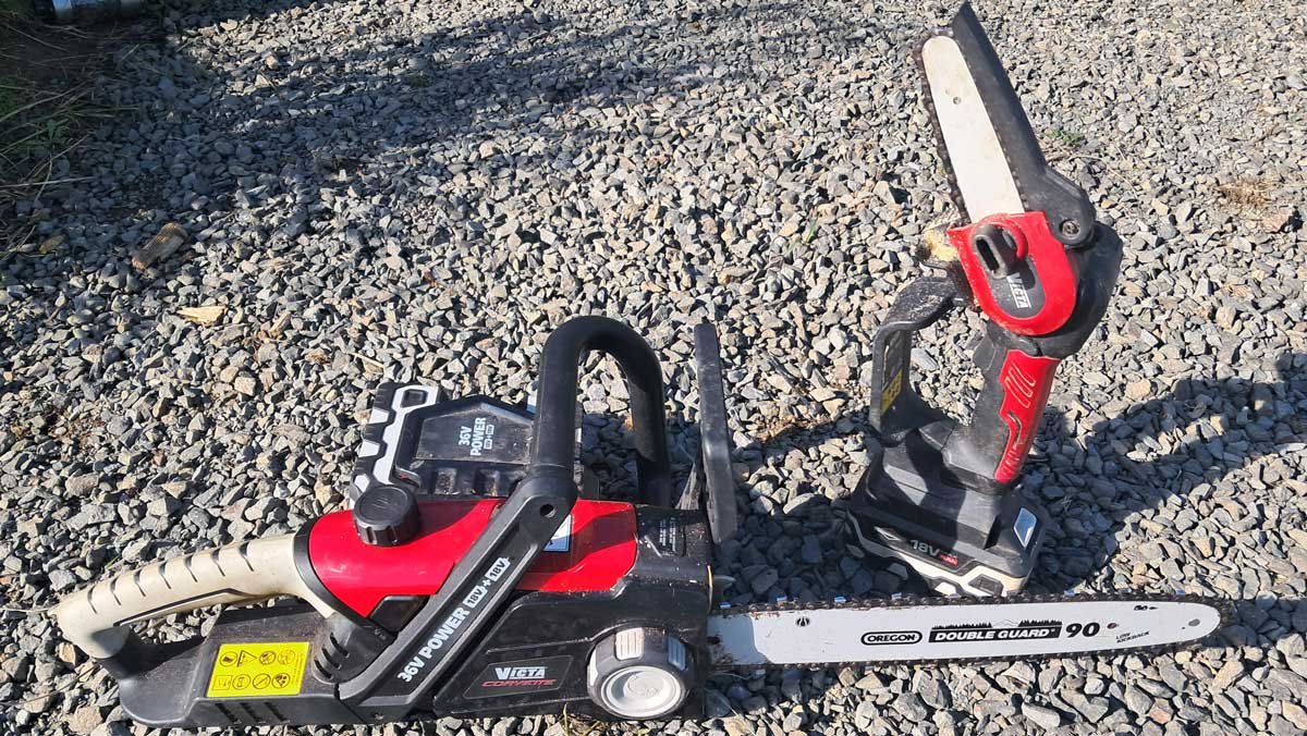 A battery-operated chainsaw and a battery-operated hand-held "mini saw".