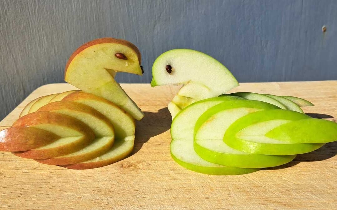 Two swans carved from apples.