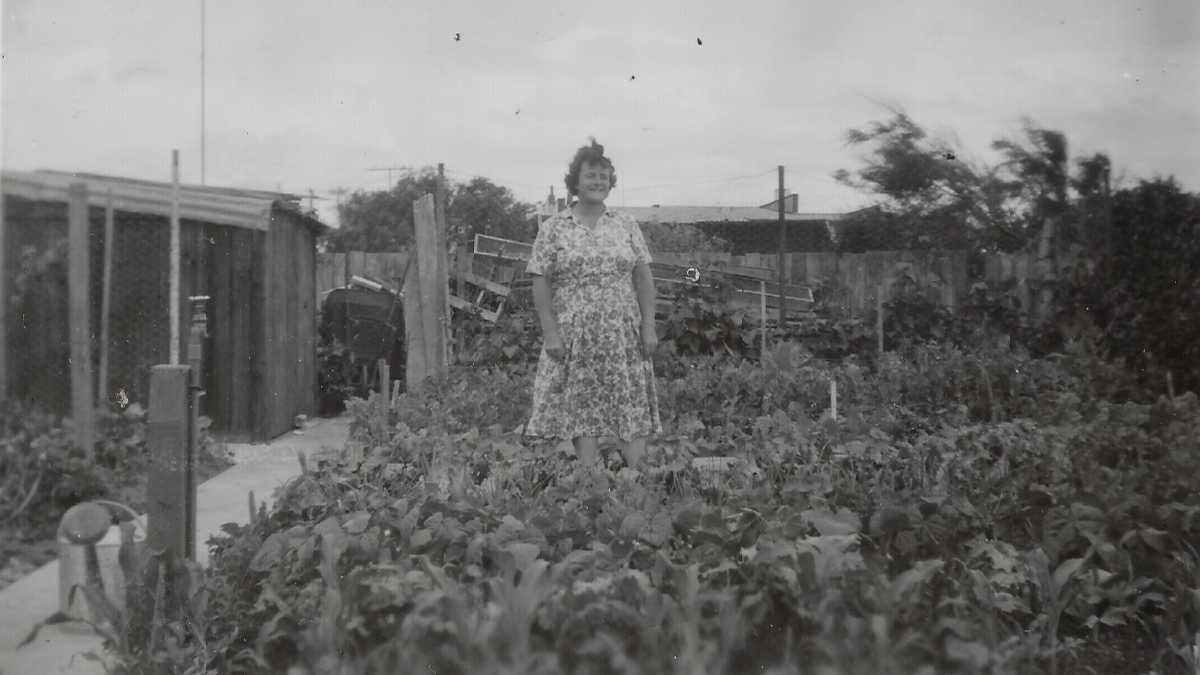 Fanny Alice Bath (1910-2005) in a vegetable garden.