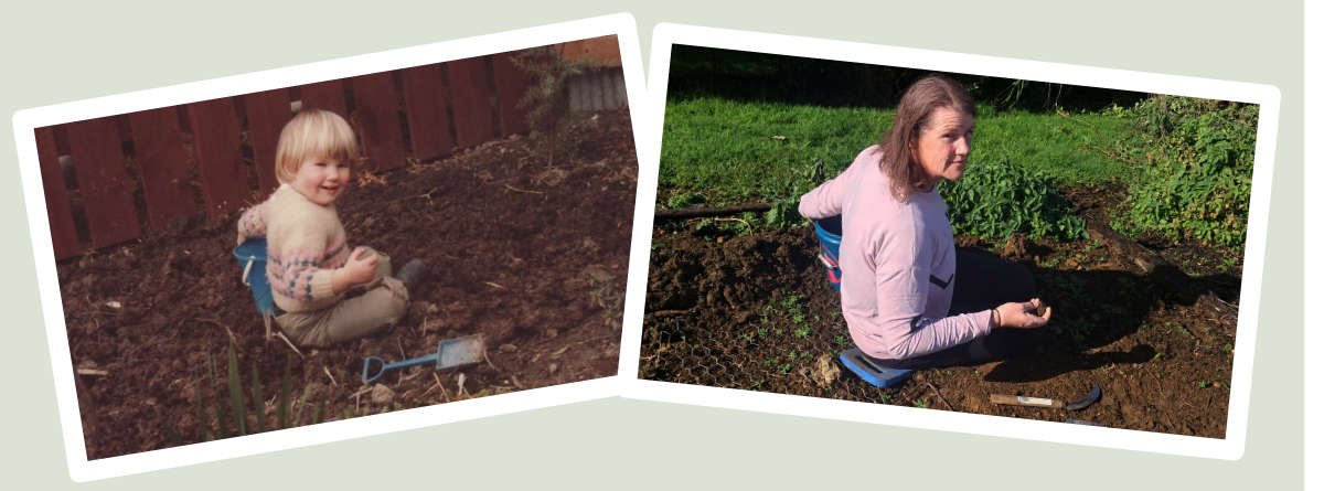 Kat Jenkins in the garden as a child, circa 1985; and recreating the photo in her garden in 2026. Kat Jenkins in the garden as a child, circa 1985; and recreating the photo in her garden in 2026.