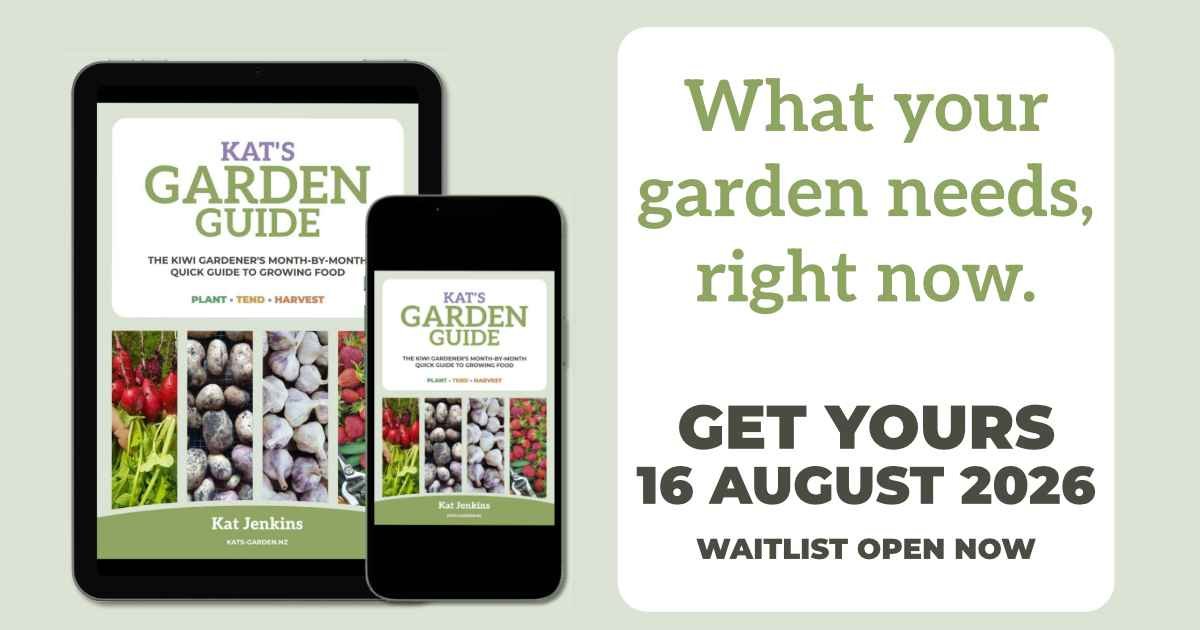Kat's Garden Guide on a phone and tablet. What your garden needs, right now. Launching 16 August 2026, Waitlist open now.