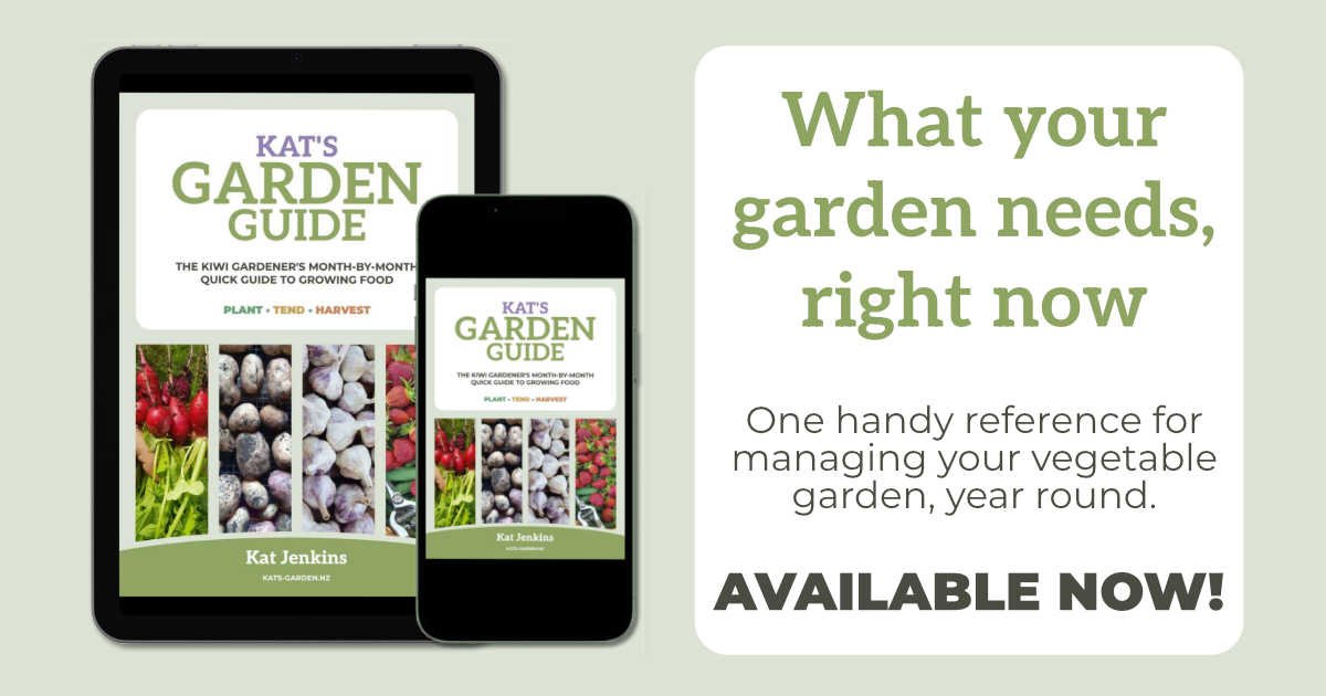 What your garden needs, right now. One handy reference for managing your vegetable garden, year round. Available now! Kat's Garden Guide promo image.