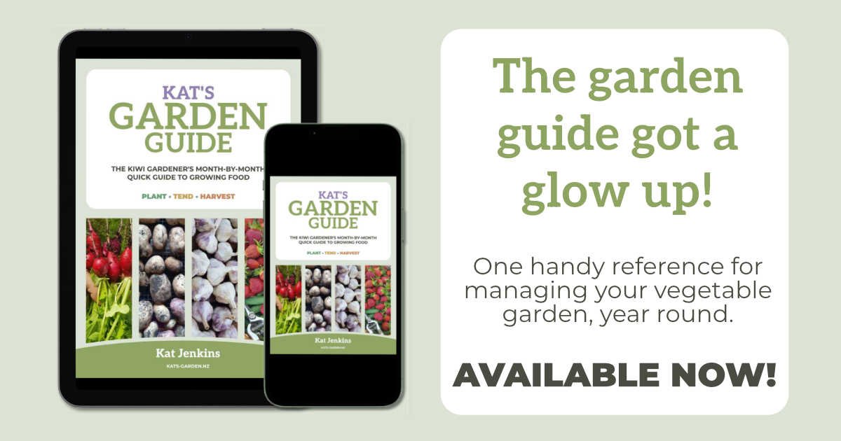 Kat's Garden Guide advertisement Kat's Garden Guide on a smartphone and tablet. Text reads: "The garden guide got a glow up! One handy reference for managing your vegetable garden, year round. Available now!"