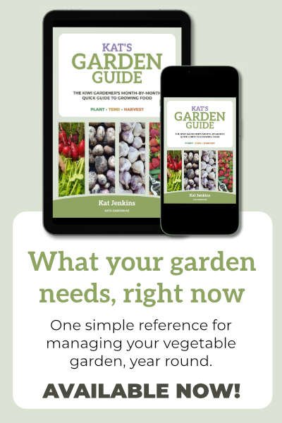 Kat's Garden Guide advertisement Kat's Garden Guide on a smartphone and tablet. Text reads "What your garden needs, right now. One simple reference for managing your vegetable garden, year round. Available now!"
