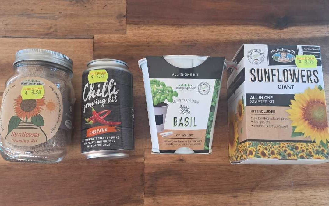 Four growing kits for growing dwarf sunflowers, cayenne chilli, basil, and giant sunflowers.
